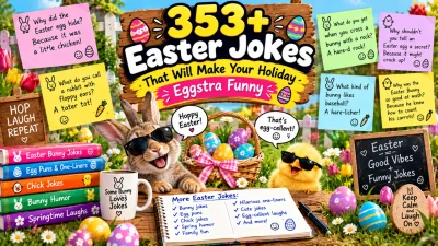 353+ Easter jokes featuring funny Easter bunnies, colorful eggs, cheerful chicks, spring flowers, baskets, and eggstra funny holiday humor