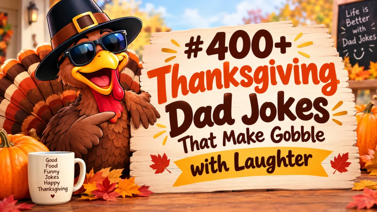 Thanksgiving dad jokes with a funny turkey and festive autumn decorations