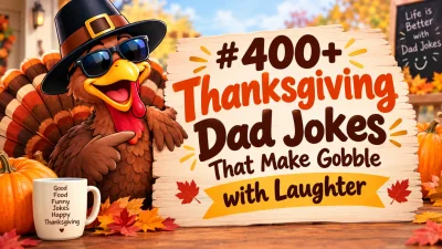 Thanksgiving dad jokes with a funny turkey and festive autumn decorations