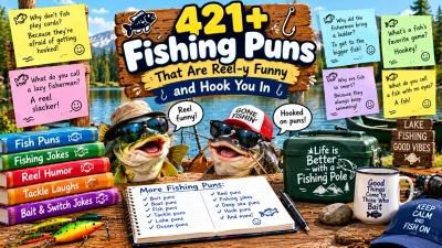421+ fishing puns featuring funny fish characters, fishing gear, lake scenery, reel jokes, hook wordplay, and hilarious fishing humor