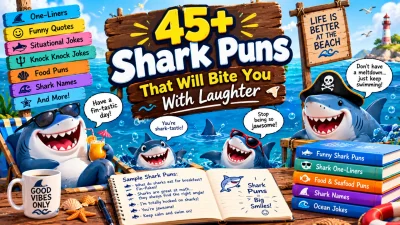 45+ shark puns featuring smiling cartoon sharks wearing sunglasses and a pirate hat, ocean waves, beach decorations, seashells, and a notebook filled with funny shark jokes.
