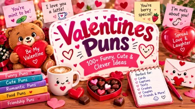 Valentines puns featuring funny, cute, and clever Valentine ideas with hearts, chocolates, flowers, a teddy bear, and romantic treats