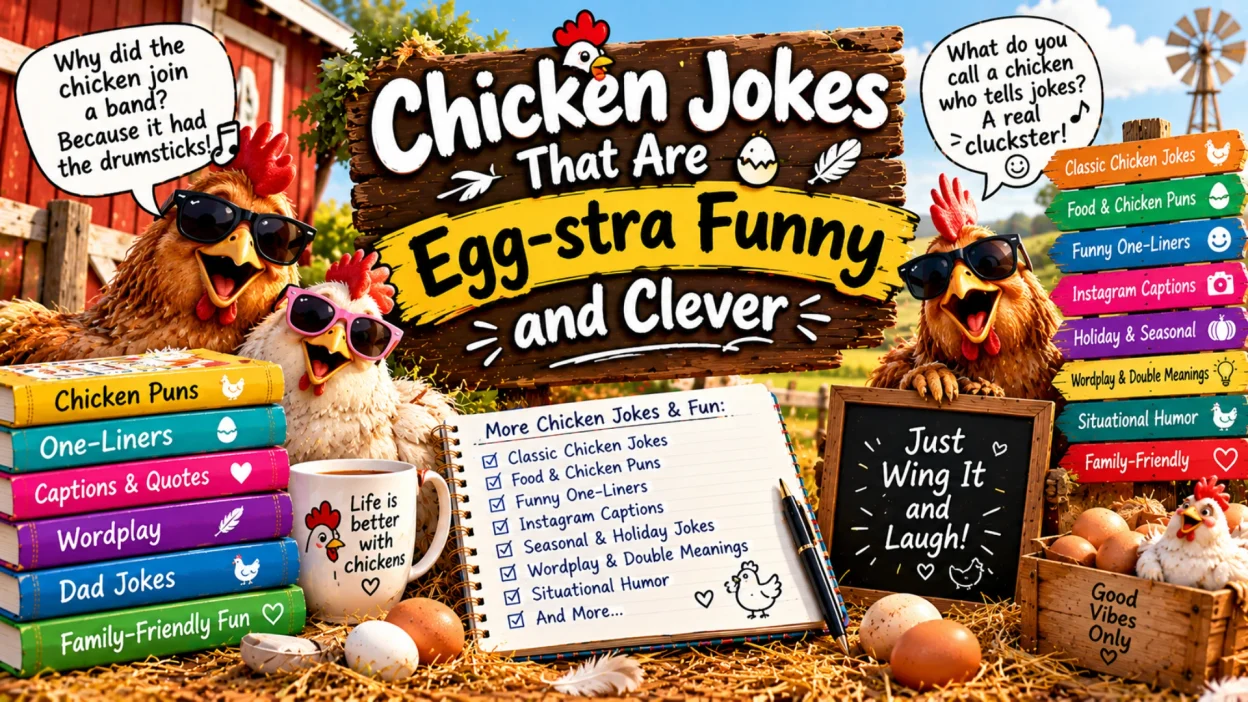 Chicken jokes that are egg-stra funny and clever, featuring laughing chickens wearing sunglasses, funny speech bubbles, colorful joke books, eggs, and playful farmyard humor.