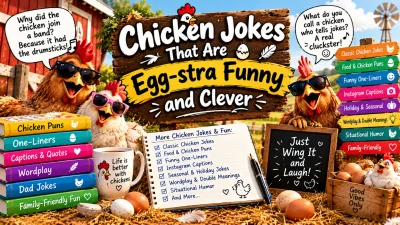 Chicken jokes that are egg-stra funny and clever, featuring laughing chickens wearing sunglasses, funny speech bubbles, colorful joke books, eggs, and playful farmyard humor.