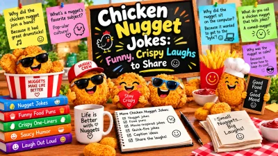 Chicken nugget jokes featuring funny nugget characters, fries, ketchup, colorful joke notes, food puns, and crispy humor