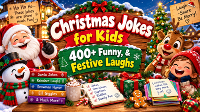 Christmas jokes for kids featuring Santa, snowman, reindeer, Christmas tree, gifts, cookies, and festive holiday laughs