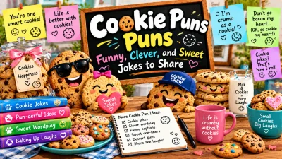 Cookie puns featuring cheerful cookie characters, chocolate chip cookies, milk, colorful joke notes, baking props, and sweet dessert humor