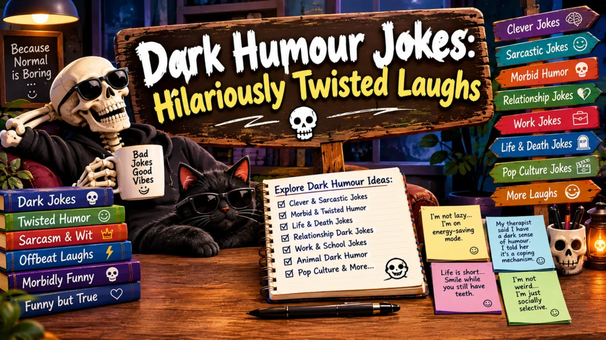 Dark humour jokes featuring a sunglasses-wearing skeleton, a black cat, spooky decorations, colorful joke books, and funny sarcastic humor notes.
