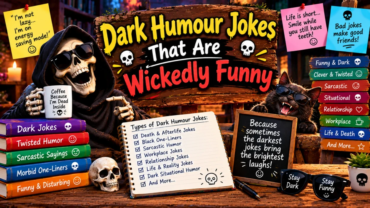 Dark humour jokes that are wickedly funny, featuring a sunglasses-wearing Grim Reaper, a grinning black cat, skull decorations, joke books, and sarcastic humor notes.