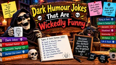 Dark humour jokes that are wickedly funny, featuring a sunglasses-wearing Grim Reaper, a grinning black cat, skull decorations, joke books, and sarcastic humor notes.