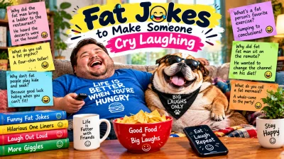 Fat jokes featuring a laughing plus-size man, funny dog, playful one-liners, food humor, and lighthearted comedy
