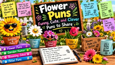 Flower puns featuring cheerful flowers, colorful garden plants, funny signs, pun notes, gardening tools, and playful floral humor
