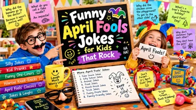Funny April Fools jokes for kids featuring laughing children, silly costumes, prank props, colorful joke notes, and playful classroom humor