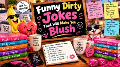 Funny dirty jokes featuring playful adult humor, a cheerful banana, blushing heart, sunglasses-wearing cat, joke notes, and colorful comedy props