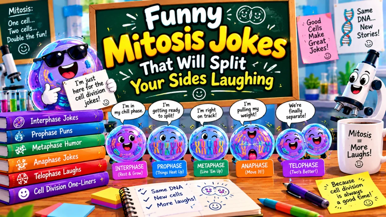 Funny mitosis jokes featuring colorful cartoon cells wearing sunglasses, laughing cell characters, a science chalkboard, microscopes, and humorous illustrations of cell division stages.