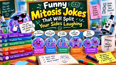 Funny mitosis jokes featuring colorful cartoon cells wearing sunglasses, laughing cell characters, a science chalkboard, microscopes, and humorous illustrations of cell division stages.