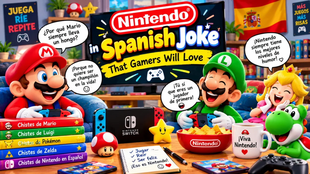 Funny Nintendo in Spanish jokes featuring cheerful video game characters, colorful gaming controllers, a Nintendo Switch console, Spanish joke speech bubbles, and playful gaming decorations.