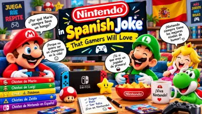 Funny Nintendo in Spanish jokes featuring cheerful video game characters, colorful gaming controllers, a Nintendo Switch console, Spanish joke speech bubbles, and playful gaming decorations.