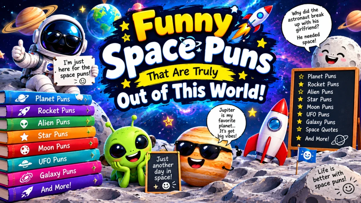 Funny space puns that are truly out of this world, featuring a smiling astronaut, a cute green alien, a laughing moon, a sunglasses-wearing Jupiter, colorful rockets, and space-themed joke books.