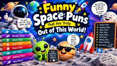 Funny space puns that are truly out of this world, featuring a smiling astronaut, a cute green alien, a laughing moon, a sunglasses-wearing Jupiter, colorful rockets, and space-themed joke books.