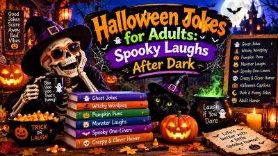Halloween jokes for adults featuring a laughing skeleton in a witch hat and orange sunglasses, a black cat, glowing pumpkins, spooky joke books, and a bubbling cauldron.