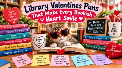 Library Valentines puns featuring a cute cat, heart-shaped glasses, romantic books, love notes, and bookish Valentine humor