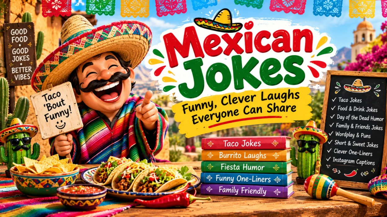 Mexican jokes featuring a laughing cartoon man wearing a colorful sombrero and striped poncho, tacos, salsa, cactus characters, and festive decorations.