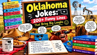 Oklahoma jokes featuring a smiling cartoon Oklahoma sign, a laughing bull wearing sunglasses, cowboy hats and boots, a windmill, an oil pumpjack, and funny Western-themed decorations.