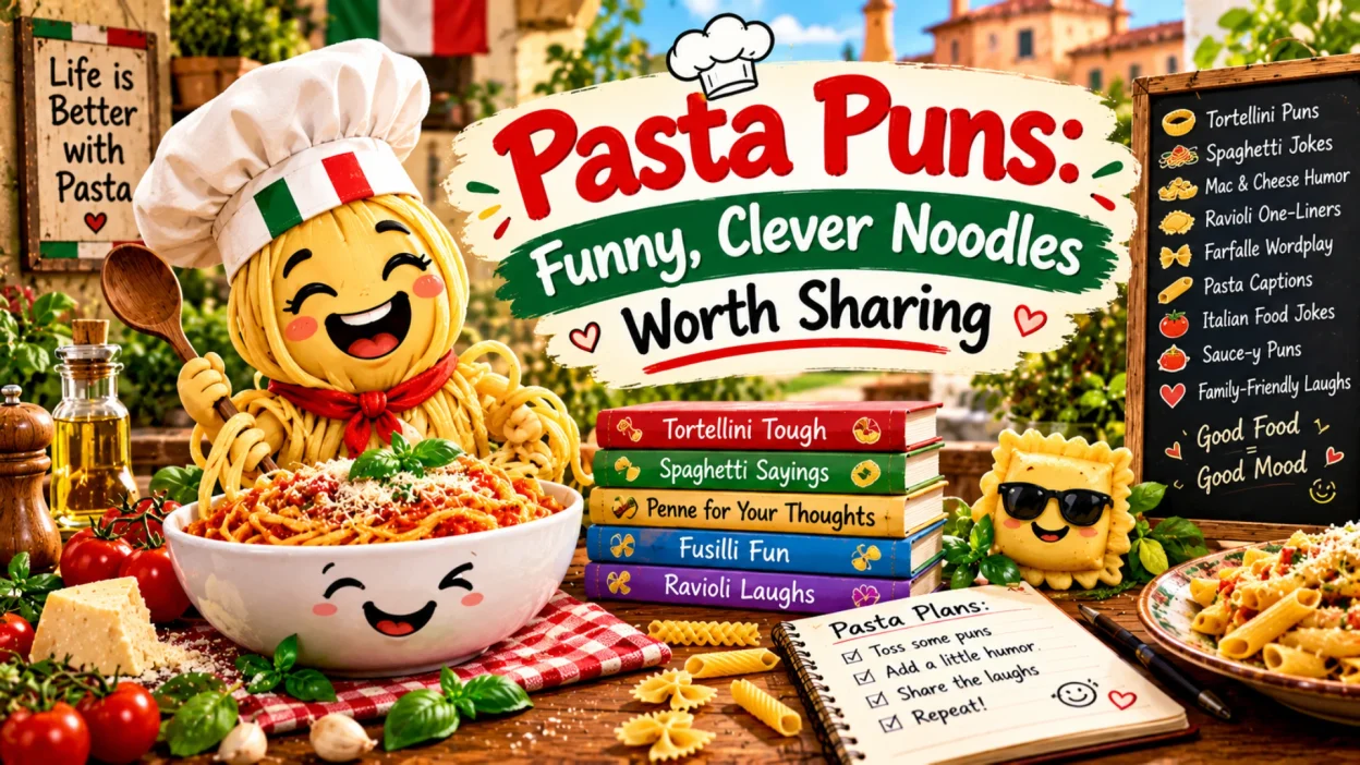 Pasta puns featuring a smiling pasta chef wearing a white hat, a bowl of spaghetti, a cute ravioli character, colorful joke books, and Italian food decorations.