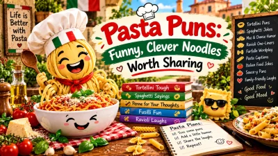 Pasta puns featuring a smiling pasta chef wearing a white hat, a bowl of spaghetti, a cute ravioli character, colorful joke books, and Italian food decorations.