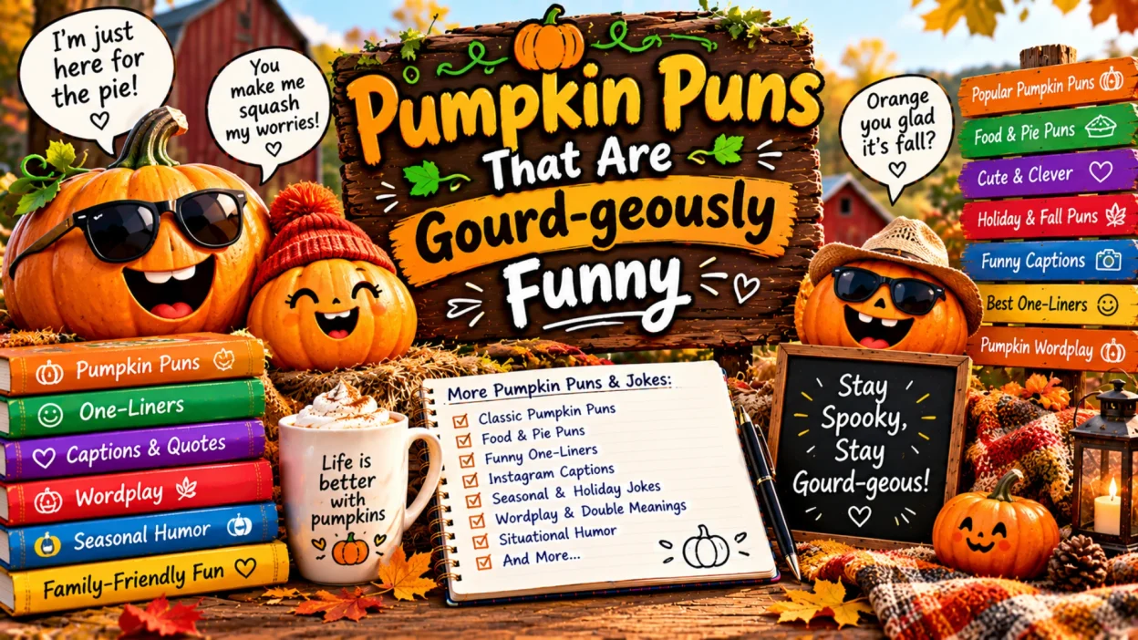 Pumpkin puns that are gourd-geously funny, featuring smiling jack-o’-lanterns wearing sunglasses, autumn leaves, pumpkin-themed books, cozy fall decorations, and playful seasonal jokes.