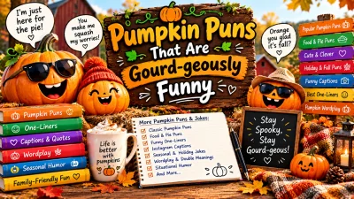 Pumpkin puns that are gourd-geously funny, featuring smiling jack-o’-lanterns wearing sunglasses, autumn leaves, pumpkin-themed books, cozy fall decorations, and playful seasonal jokes.