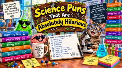 Science puns that are absolutely hilarious, featuring a smiling green chemistry flask, a goggle-wearing cat, a funny brain character, colorful science books, lab equipment, and clever scientific wordplay.