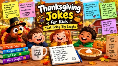 Thanksgiving jokes for kids featuring laughing children, a cheerful turkey, pumpkin pie, fall leaves, pumpkins, and colorful holiday humor